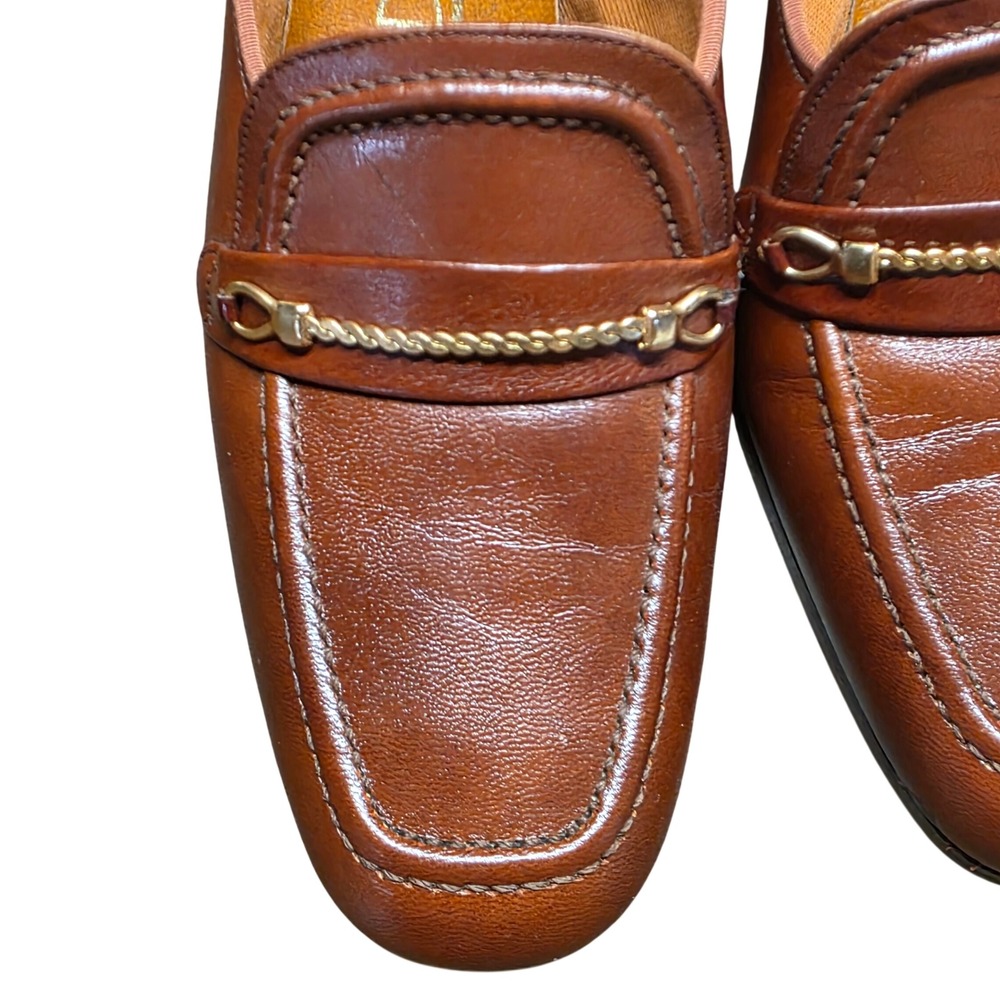 Vintage 70s Red Cross Brown Leather Chain Loafer Pumps Block Heel Square Toe 9N - Picture 2 of 10